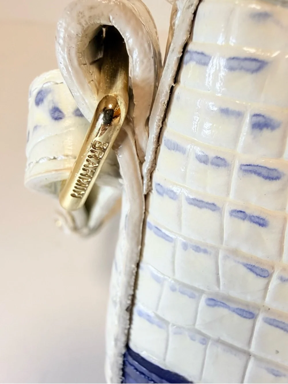 Brahmin Mini Asher Corsica Vineyard Navy Striped Croc Leather Satchel